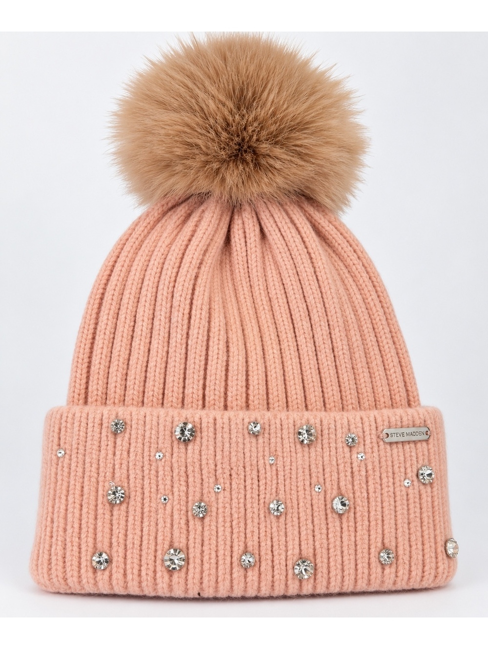 Steve Madden Blush Pink Rhinestone Faux Fur Pom Pom Beanie Hat One Size